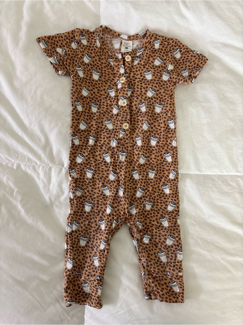 Kate Quinn Modal Coffee Cup and Coffee Beans Print Brown Kids One-Piece Romper